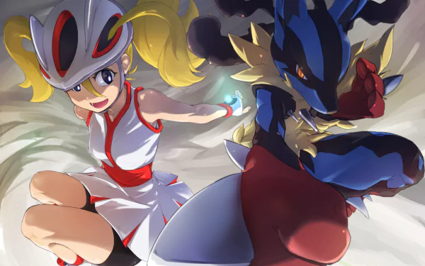 A dynamic scene featuring a blonde character with long hair, wearing a helmet and roller skates, alongside Mega Lucario from Pokémon X and Y, set against a vibrant backdrop.