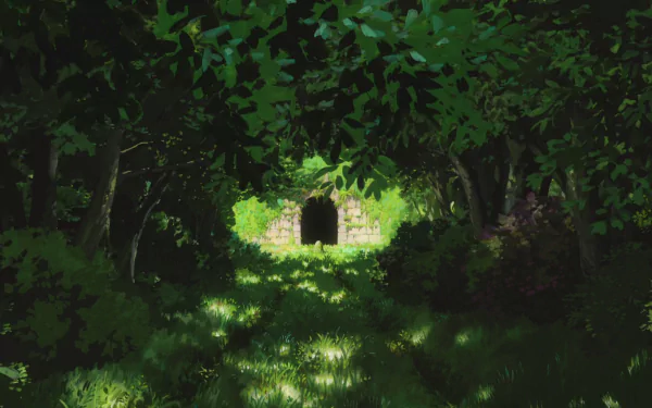 HD PC desktop wallpaper featuring a dark, lush forest clearing with an old stone door at the center, inspired by the anime Spirited Away.