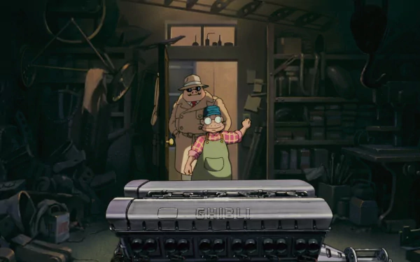 Anime HD PC desktop wallpaper and background — Porco Rosso: dim workshop hangar, mechanic in goggles holding a wrench, a man in the doorway, and a vintage seaplane engine in the foreground.