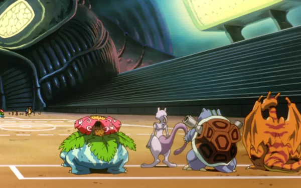 A vibrant HD desktop wallpaper featuring iconic Pokémon: Charizard, Blastoise, Mewtwo, and Venusaur, set in an anime-inspired scene from Pokémon: The First Movie.