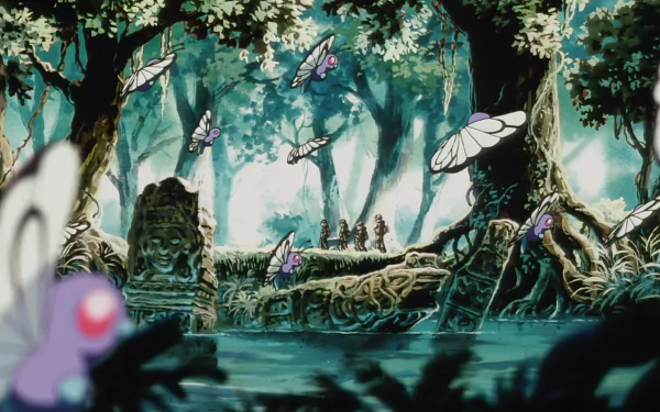 HD anime wallpaper from Pokémon: The First Movie featuring Butterfree flying through a lush forest with ancient stone carvings in the background.