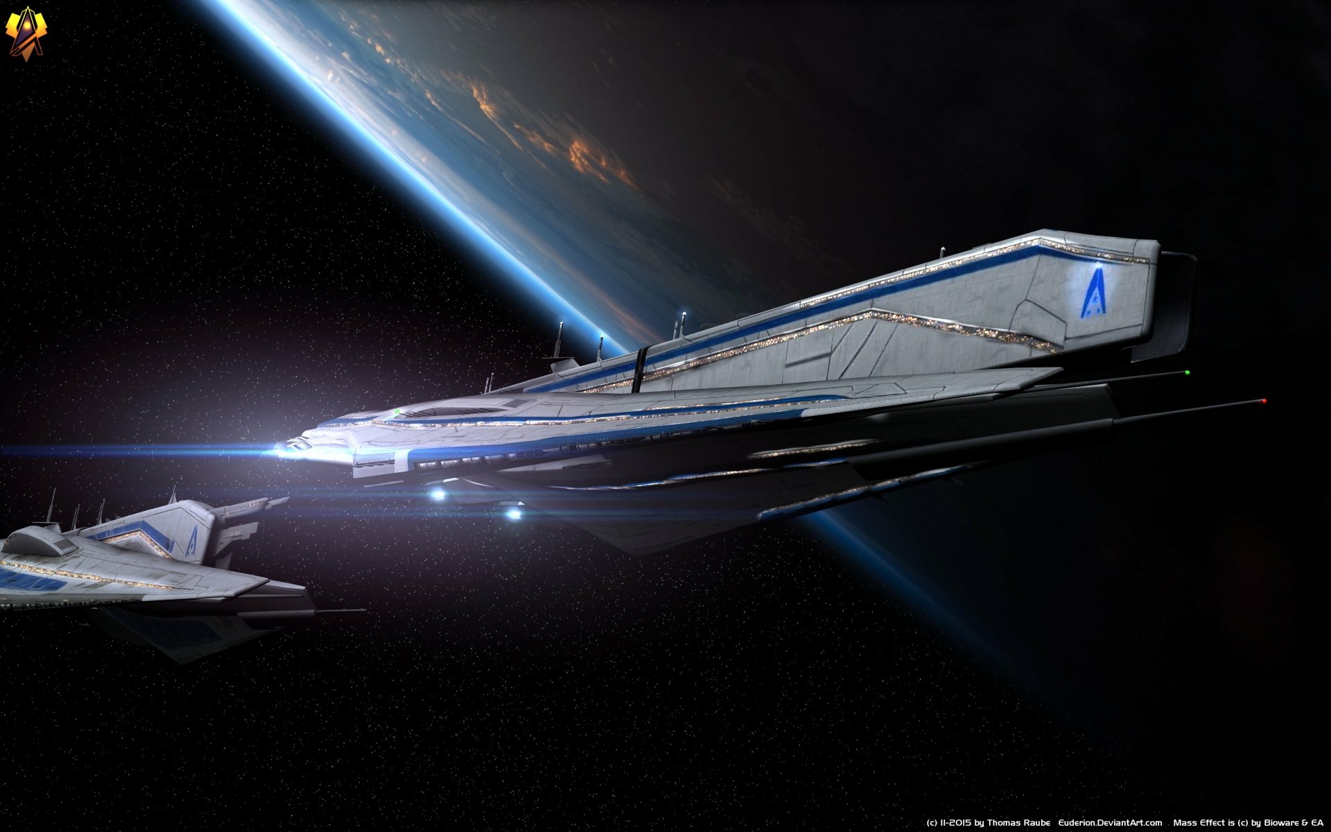 Sleek Mass Effect 3 spaceship glides above a blue planet — 4K Ultra HD PC desktop wallpaper and background of a high-detail sci‑fi video game cruiser.