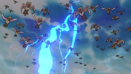 HD PC desktop wallpaper and background: anime scene of dozens of Spearow (Pokémon) swarming a stormy sky pierced by bright blue lightning.