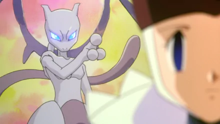 HD desktop wallpaper featuring Mewtwo from Pokémon: The First Movie, showcasing the iconic anime character with glowing eyes and a dynamic pose.