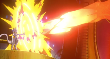 Mewtwo from Pokémon unleashes a powerful attack in this vibrant HD wallpaper inspired by Pokémon: The First Movie, showcasing an intense battle scene with energy bursts.