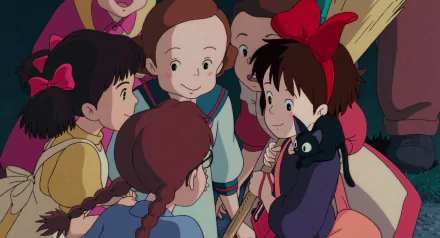 Anime HD PC desktop wallpaper featuring Kiki from Kiki's Delivery Service surrounded by friends in a warm, animated scene with vibrant colors and detailed character expressions.