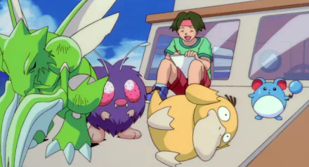 A vibrant HD wallpaper featuring Marill, Psyduck, Venonat, Scyther, and Tracey from Pokémon: The Movie 2000, capturing a lively moment in the anime.