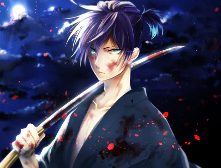 HD desktop wallpaper featuring Yato from Noragami, with purple hair, blue eyes, and a katana, set against a night sky with blood splatters. The anime scene is intense and vividly detailed.
