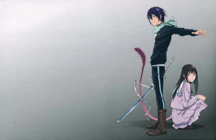 HD desktop wallpaper featuring anime characters Hiyori Iki and Yato from Noragami, standing back-to-back with a minimalist background.