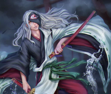 Rabō from Noragami wields a sword, showcasing his striking half-eye and flowing hair in this vibrant 4K Ultra HD anime desktop wallpaper.