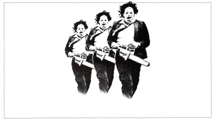 HD PC desktop wallpaper and background: black-and-white stencil triptych of Leatherface running with a chainsaw from the movie The Texas Chainsaw Massacre (1974).