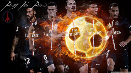 HD desktop wallpaper featuring Paris Saint-Germain F.C. players with a blazing soccer ball in the foreground.
