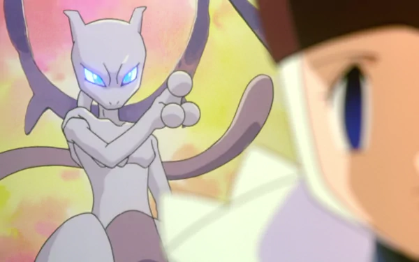 HD desktop wallpaper featuring Mewtwo from Pokémon: The First Movie, showcasing the iconic anime character with glowing eyes and a dynamic pose.
