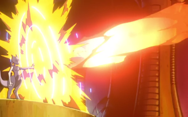 Mewtwo from Pokémon unleashes a powerful attack in this vibrant HD wallpaper inspired by Pokémon: The First Movie, showcasing an intense battle scene with energy bursts.