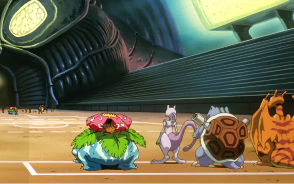 A vibrant HD wallpaper featuring Charizard, Blastoise, Mewtwo, and Venusaur from Pokémon: The First Movie, set against a dynamic anime backdrop.