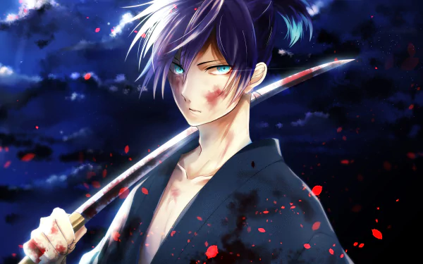 HD desktop wallpaper featuring Yato from Noragami, with purple hair, blue eyes, and a katana, set against a night sky with blood splatters. The anime scene is intense and vividly detailed.