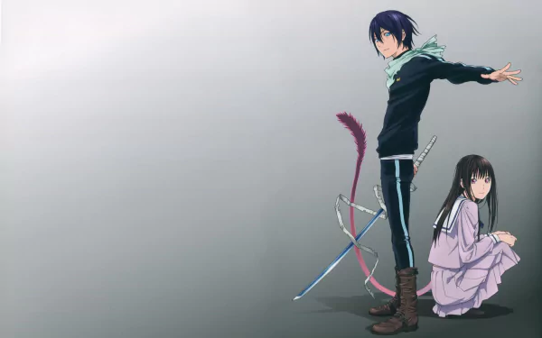 HD desktop wallpaper featuring anime characters Hiyori Iki and Yato from Noragami, standing back-to-back with a minimalist background.