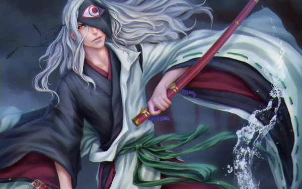 Rabō from Noragami wields a sword, showcasing his striking half-eye and flowing hair in this vibrant 4K Ultra HD anime desktop wallpaper.