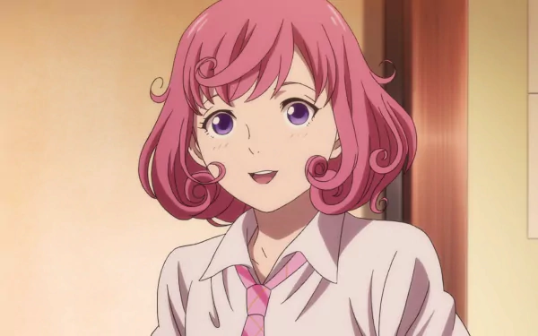 Kofuku Ebisu from the anime Noragami smiles brightly, showcasing her distinctive pink hair and cheerful demeanor. This HD image serves as a vibrant desktop wallpaper and background.