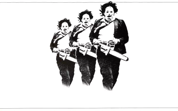 HD PC desktop wallpaper and background: black-and-white stencil triptych of Leatherface running with a chainsaw from the movie The Texas Chainsaw Massacre (1974).