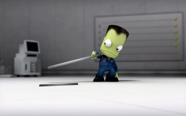 HD PC desktop wallpaper featuring a Kerbal character from the video game Kerbal Space Program wielding a sword in a minimalist, industrial setting.