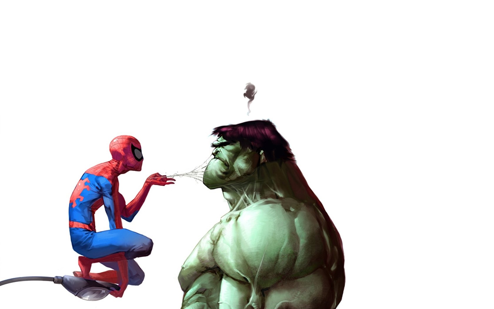 Spider-Man playfully interacts with the Hulk in this vibrant comic-inspired HD desktop wallpaper, showcasing the dynamic between two iconic superheroes.