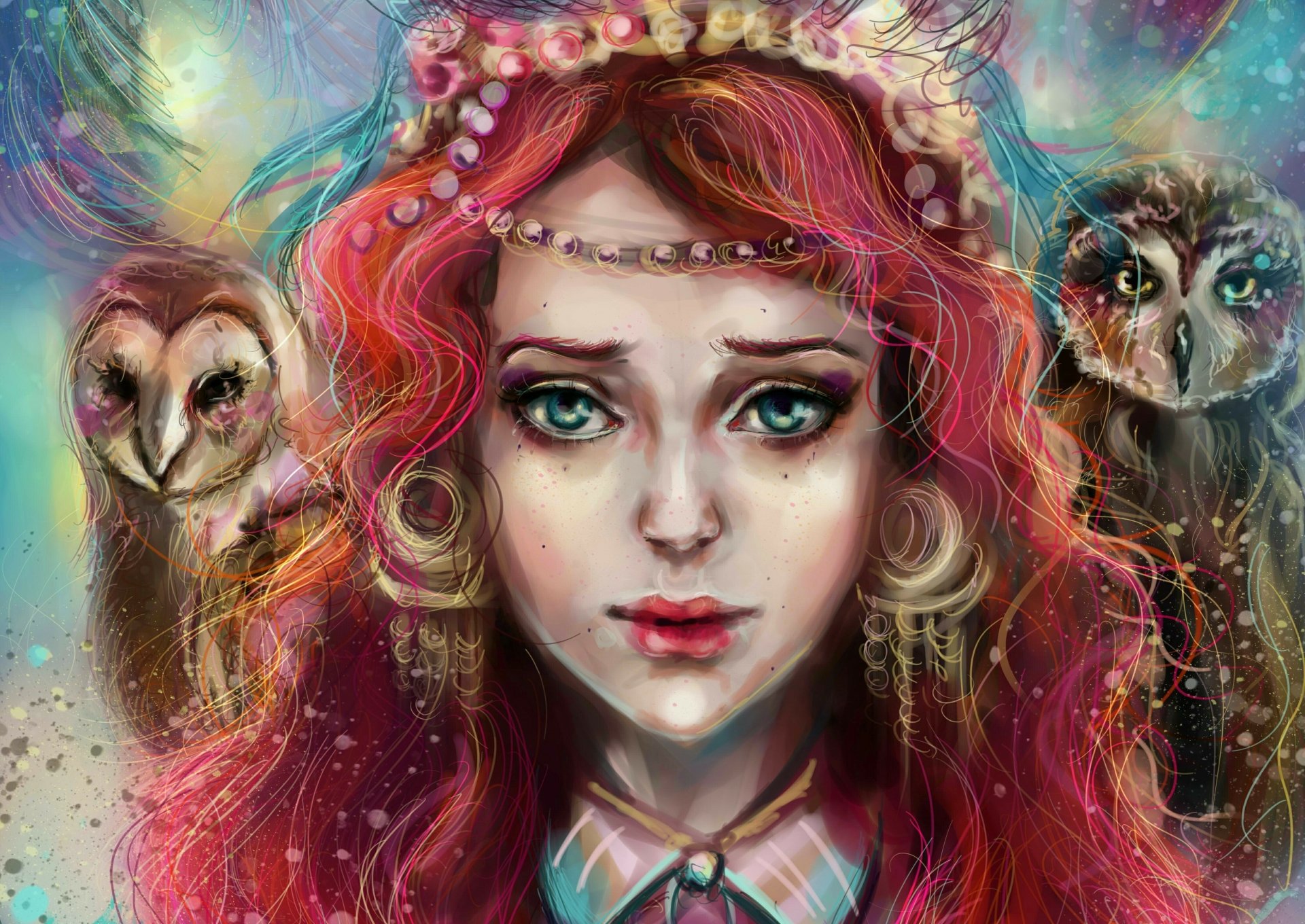 A fantasy painting featuring a woman with striking blue eyes and vibrant red hair, surrounded by owls, creating a mystical atmosphere. This artwork serves as an HD desktop wallpaper.