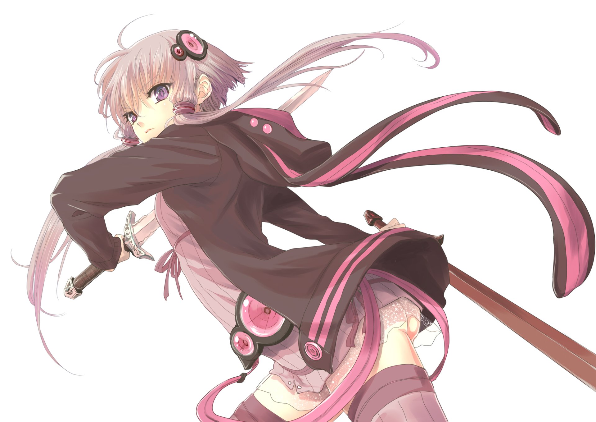HD anime desktop wallpaper featuring Yuzuki Yukari, a Vocaloid character, poised with a sword and flowing pink ribbons in a dynamic action pose.