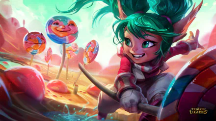 HD desktop wallpaper featuring Poppy from League of Legends in a vibrant, colorful candy-themed landscape from the popular video game.