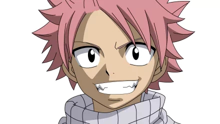 HD desktop wallpaper featuring Natsu Dragneel from the anime Fairy Tail, showcasing a close-up of Natsu's face with a confident smile and his signature pink hair.