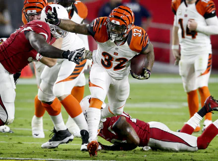 2K Quad HD PC desktop wallpaper showing a Cincinnati Bengals ball carrier powering through tacklers on the field in intense, high-energy NFL game action.