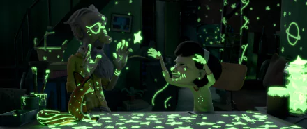 HD PC desktop wallpaper from the movie The Little Prince showing two animated characters interacting with glowing green stars and patterns in a dark room.