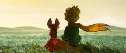 A vibrant HD wallpaper from the movie The Little Prince, showcasing the titular character and a fox sitting together in a sunlit landscape, gazing into the horizon.