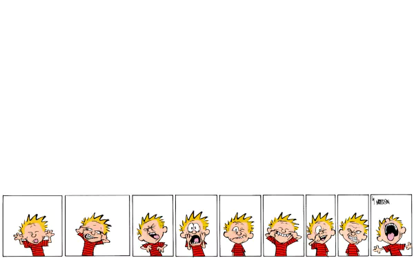 HD PC desktop wallpaper featuring a comic strip of Calvin from Calvin & Hobbes expressing various emotions in eight panels.