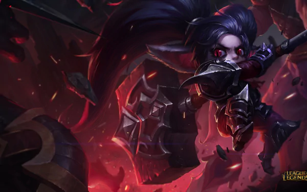 HD PC desktop wallpaper featuring Poppy, the armored hero from the video game League of Legends, set against a dark, fiery background.