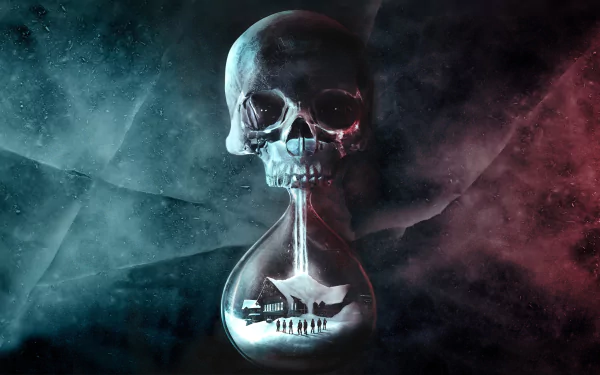 HD desktop wallpaper featuring a dark, eerie skull and hourglass with a scene from the game Until Dawn inside, framed by ominous smoky blue and red hues.