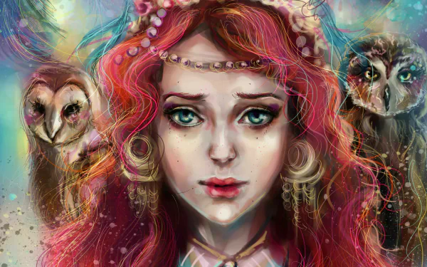 A fantasy painting featuring a woman with striking blue eyes and vibrant red hair, surrounded by owls, creating a mystical atmosphere. This artwork serves as an HD desktop wallpaper.