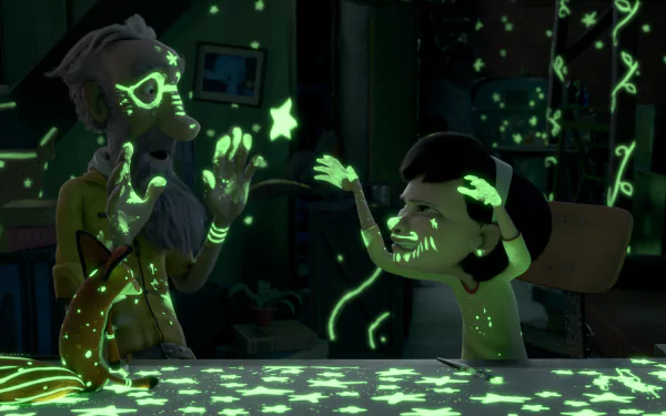 HD PC desktop wallpaper from the movie The Little Prince showing two animated characters interacting with glowing green stars and patterns in a dark room.