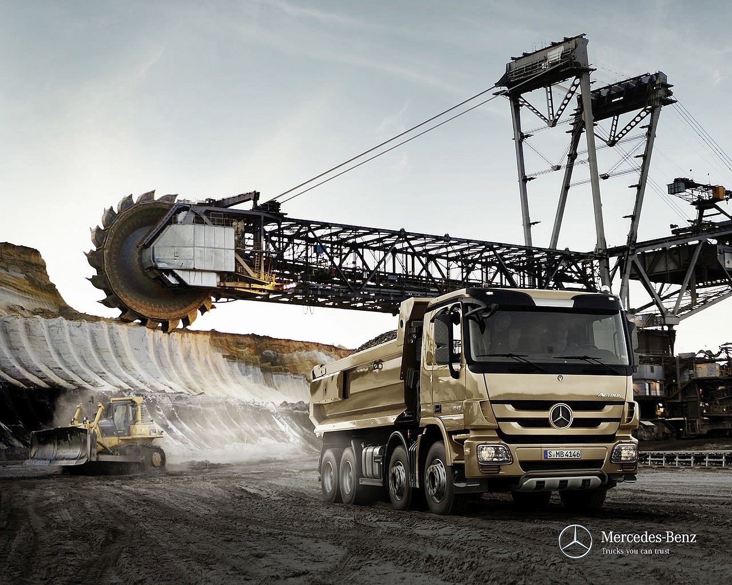 HD PC desktop wallpaper and background of a Mercedes‑Benz dump truck beside a giant excavator in an open‑pit mine, industrial vehicle and heavy machinery scene.