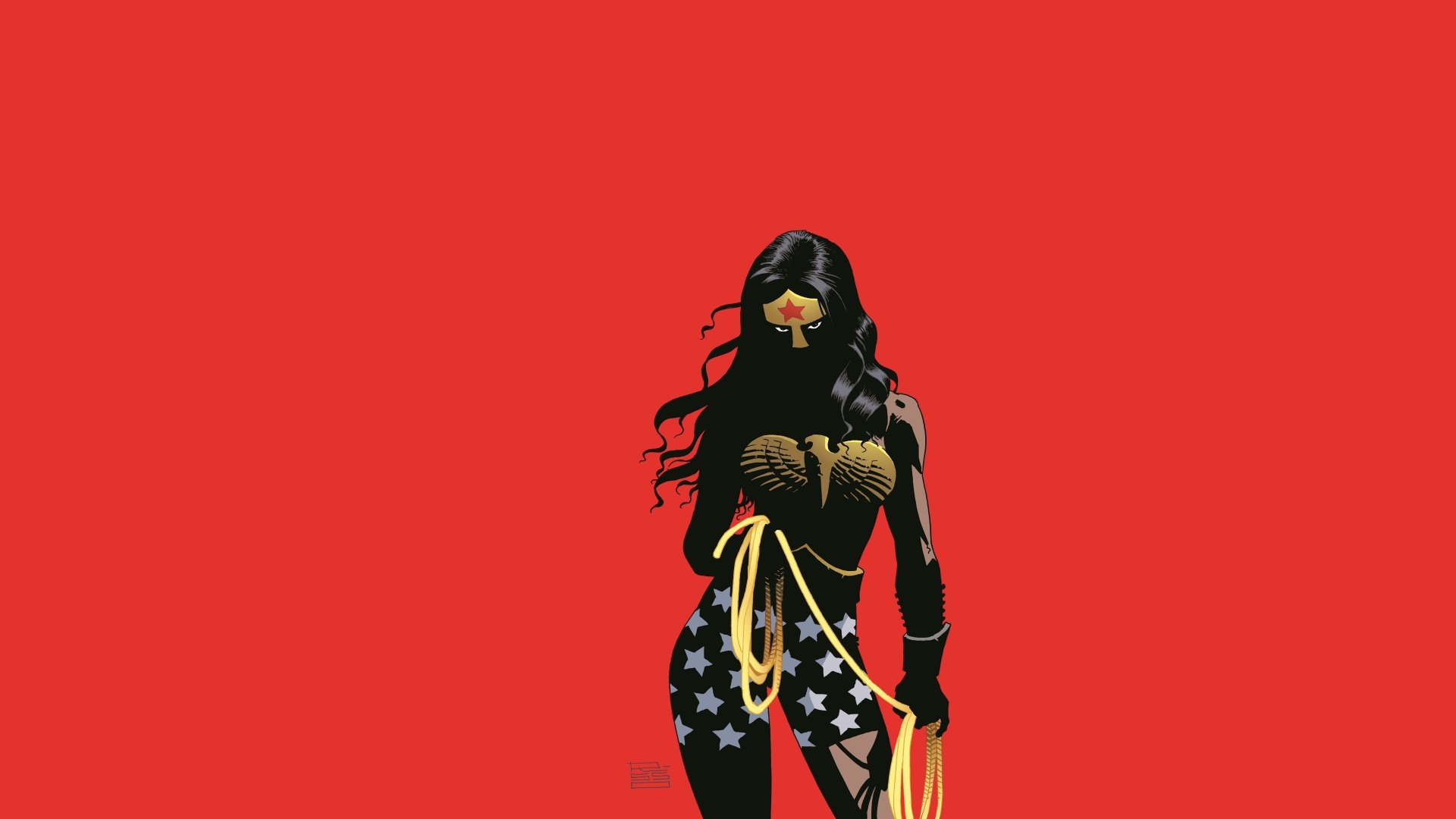 Comic-style Wonder Woman stands boldly against a red background in this vibrant 8K Ultra HD PC desktop wallpaper and background.