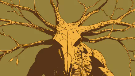 Comic-style East of West HD PC desktop wallpaper: skeletal deer-skull figure with branching antlers like tree limbs, exposed ribs, set against a flat olive background.