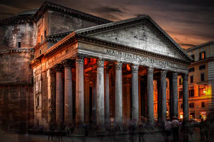 Time-lapse HD wallpaper of the Pantheon, a man-made monument in Rome, Italy, showcasing its illuminated classical architecture at dusk.