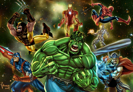 High-definition wallpaper featuring iconic Marvel characters: Thor, Captain America, Hulk, Silver Surfer, Spider-Man, Iron Man, and Wolverine against a cosmic backdrop.