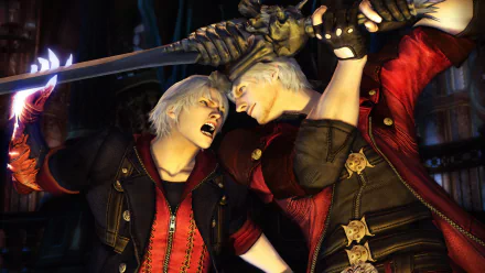 HD PC desktop wallpaper featuring intense close-up action from the video game Devil May Cry 4, showcasing two characters engaged in a fierce sword fight.