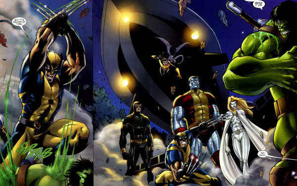 HD desktop wallpaper featuring Marvel Comics' X-Men characters including Wolverine, Cyclops, Kitty Pryde, Emma Frost, Colossus, and Hulk from World War Hulk.