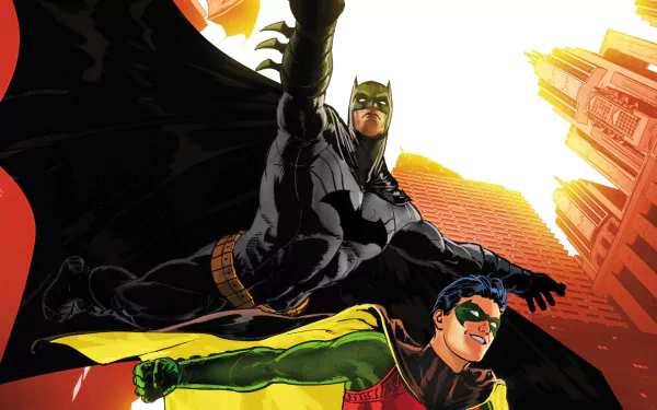 DC Comics comic HD PC desktop wallpaper and background of Batman & Robin leaping over a glowing city skyline at sunset, dramatic cape sweep and bold, vibrant colors.