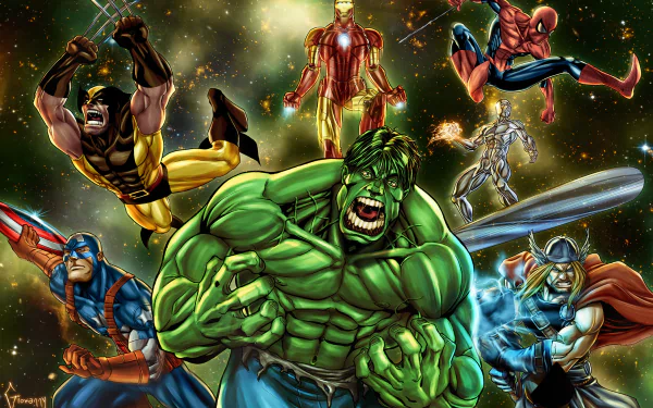 High-definition wallpaper featuring iconic Marvel characters: Thor, Captain America, Hulk, Silver Surfer, Spider-Man, Iron Man, and Wolverine against a cosmic backdrop.
