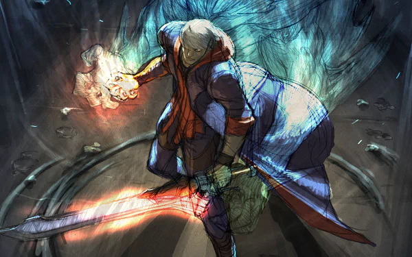 A striking HD desktop wallpaper from Devil May Cry 4, featuring a dynamic character wielding a large sword, surrounded by vibrant energy and mystical elements.