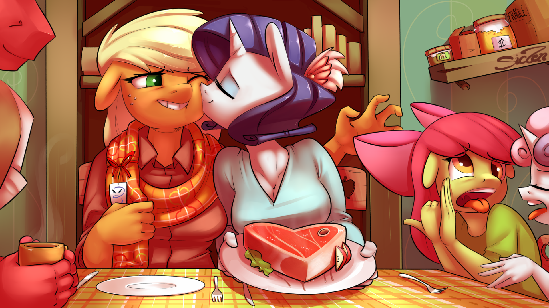 HD PC desktop wallpaper of My Little Pony: Friendship Is Magic — Big Macintosh, Applejack, Rarity, Apple Bloom and Sweetie Belle at a table; Rarity kisses Applejack while Apple Bloom reacts.