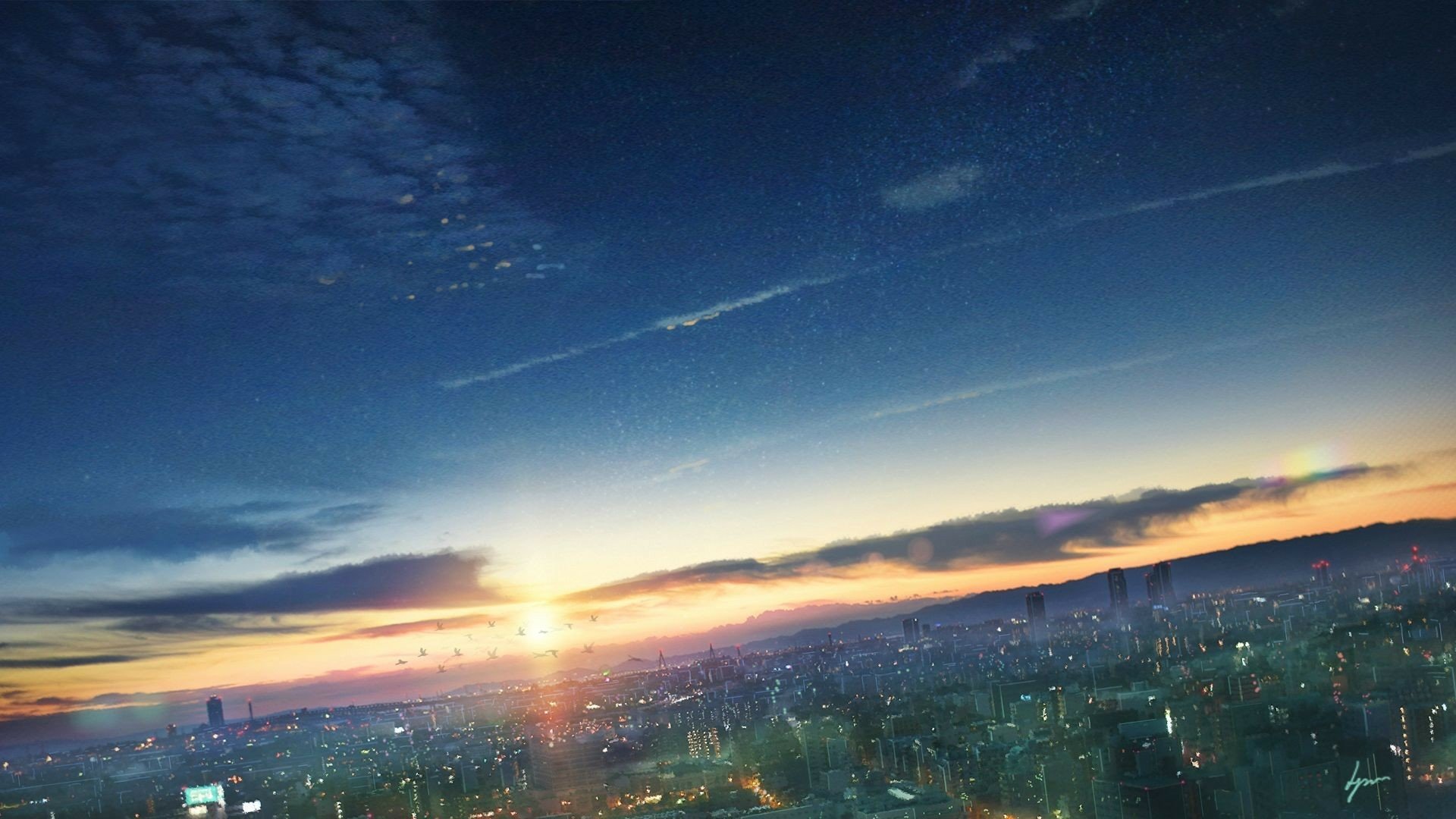 A vibrant fantasy cityscape at sunset, illuminated by soft light and dramatic clouds under a colorful sky, creating a breathtaking HD desktop background.